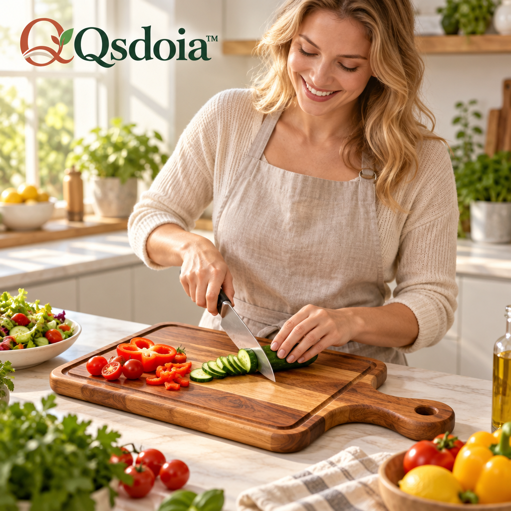 Qsdoia™ Wood-Tone Paddle Board with Perimeter Groove — styled setting; accessories not included
