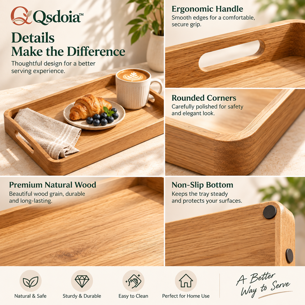 Qsdoia™ Light Wood-Tone Serving Tray with Cutout Handles — product detail overview