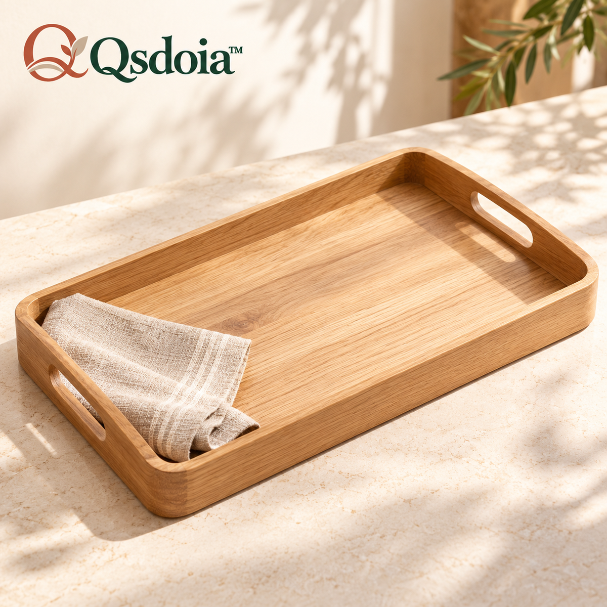 Qsdoia™ Light Wood-Tone Serving Tray with Cutout Handles