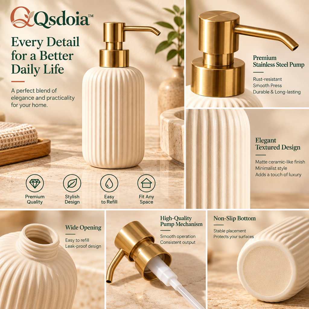 Qsdoia™ Fluted Ivory Soap Dispenser with Brass-Tone Pump — product detail overview