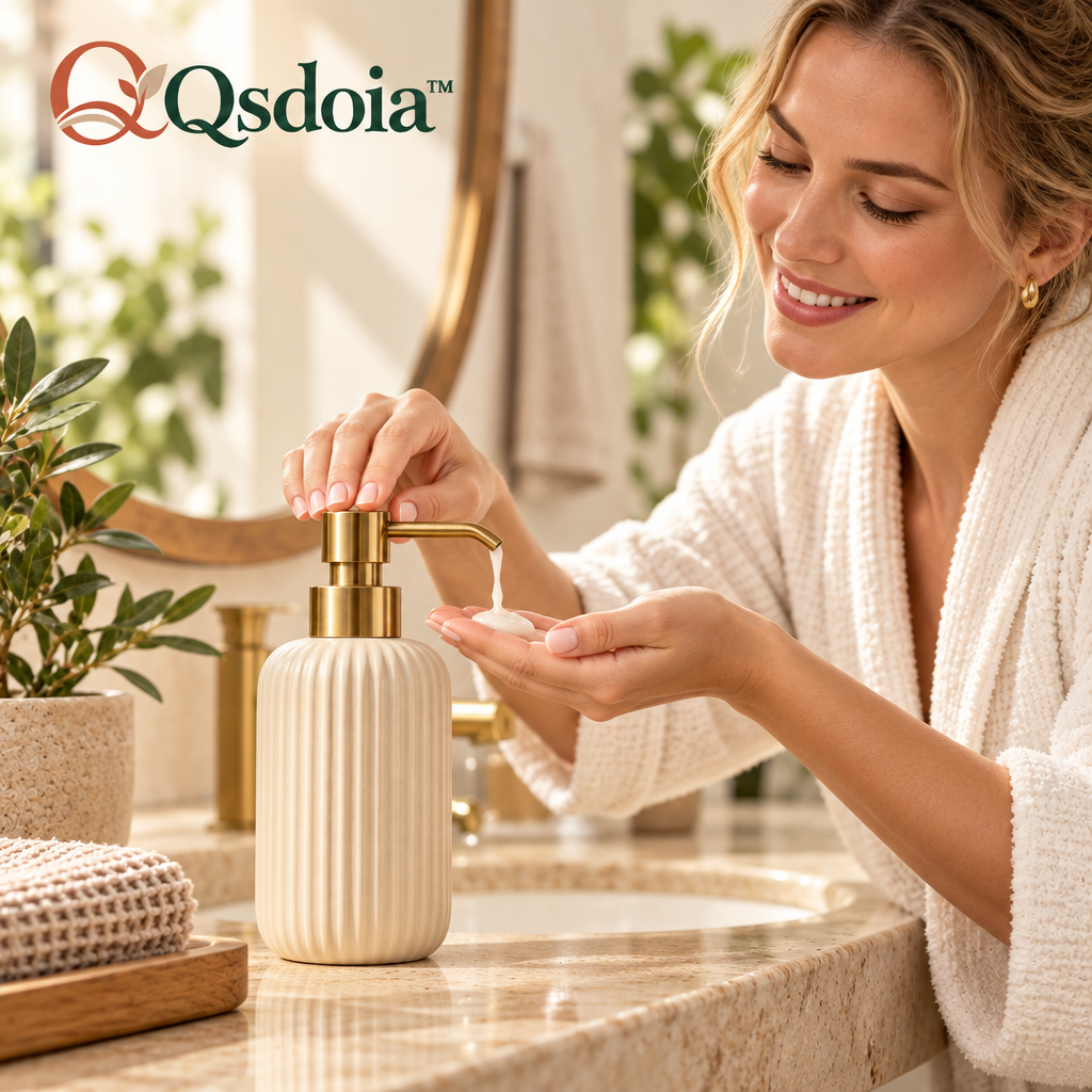 Qsdoia™ Fluted Ivory Soap Dispenser with Brass-Tone Pump — styled setting; accessories not included