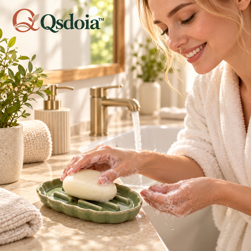 Qsdoia™ Sage Soap Dish with Raised Ribs — styled setting; accessories not included