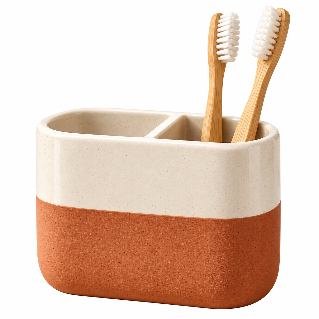 Qsdoia™ Two-Compartment Ivory and Terracotta Toothbrush Holder — isolated product view