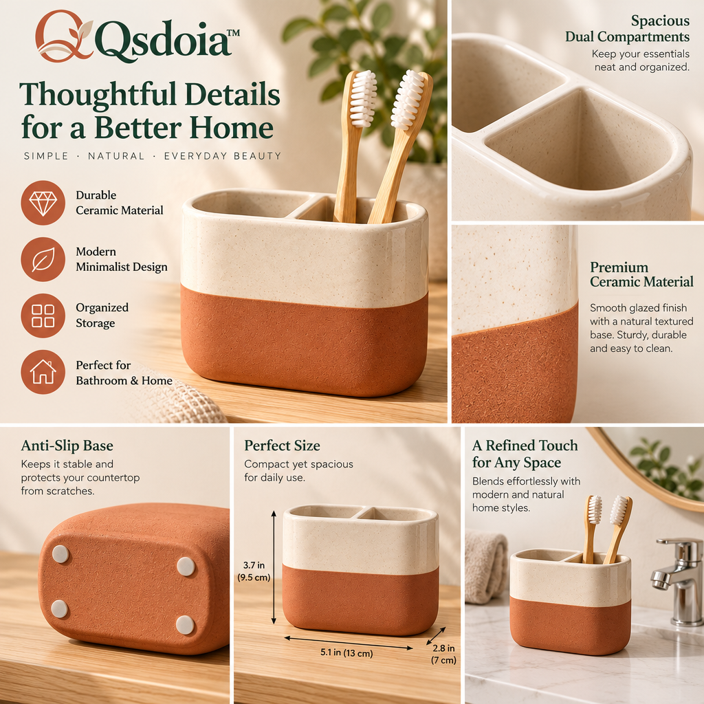 Qsdoia™ Two-Compartment Ivory and Terracotta Toothbrush Holder — product detail overview