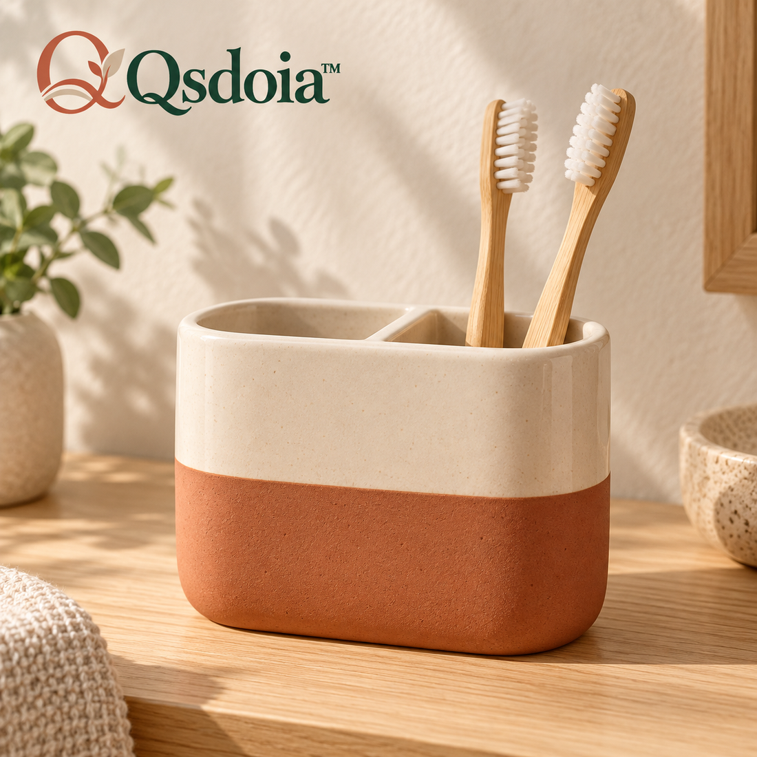 Qsdoia™ Two-Compartment Ivory and Terracotta Toothbrush Holder