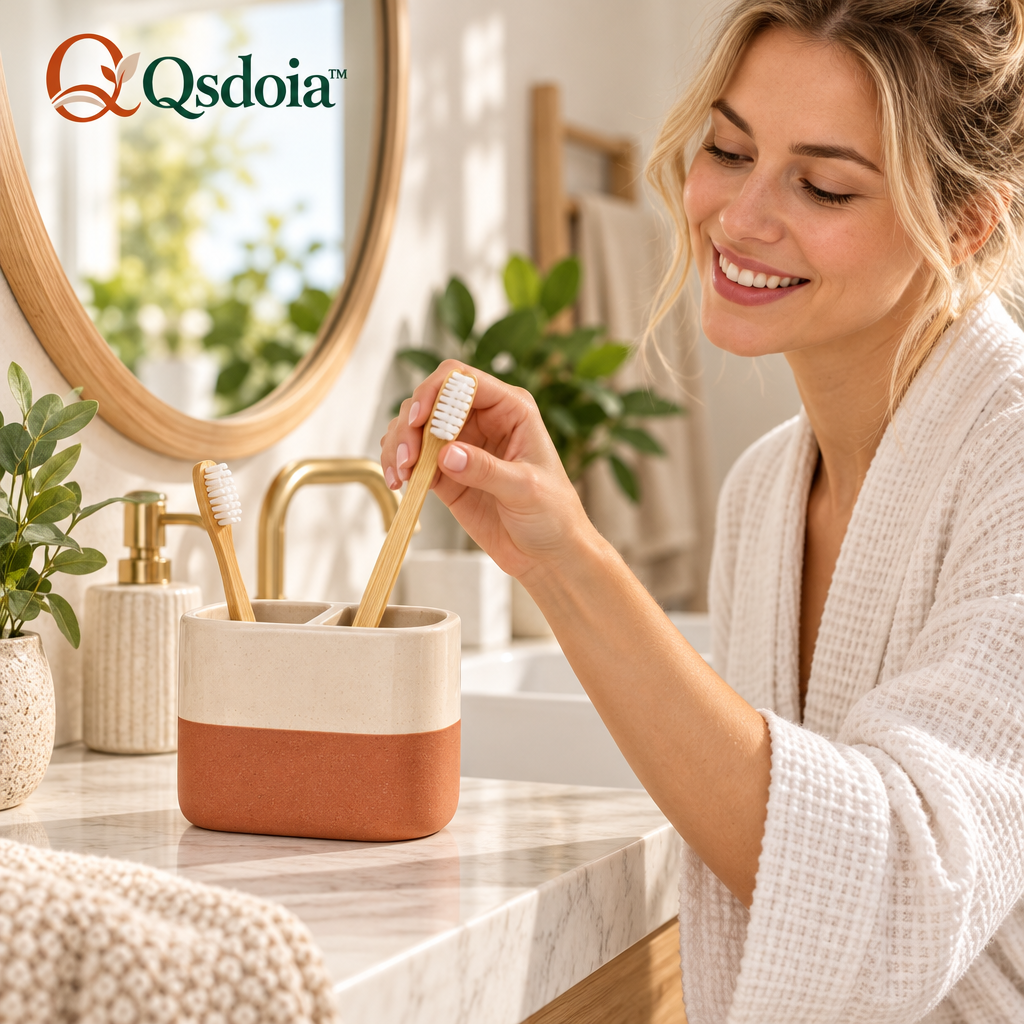 Qsdoia™ Two-Compartment Ivory and Terracotta Toothbrush Holder — styled setting; accessories not included