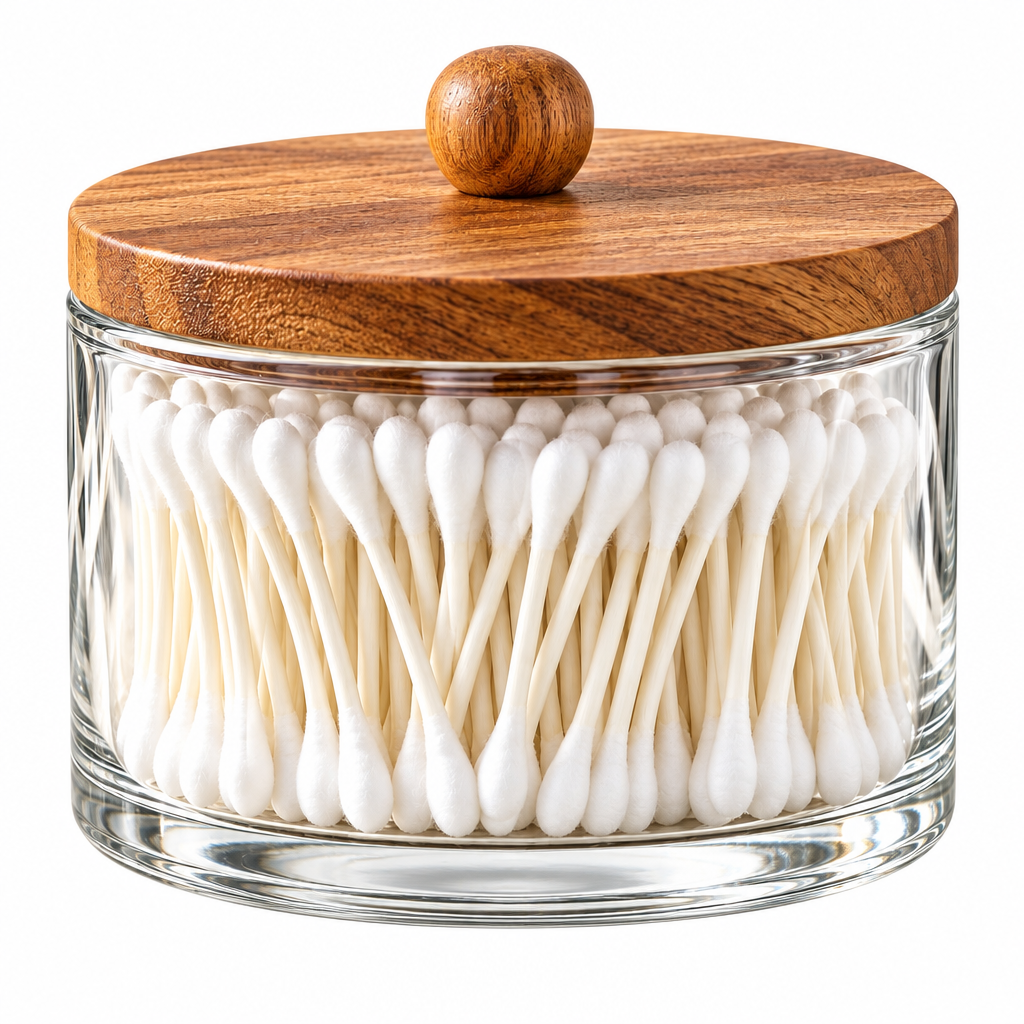Qsdoia™ Clear Cotton Swab Canister with Wood-Tone Lid — isolated product view