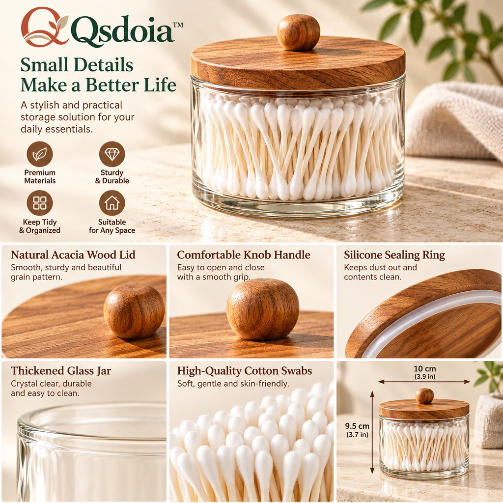 Qsdoia™ Clear Cotton Swab Canister with Wood-Tone Lid — product detail overview