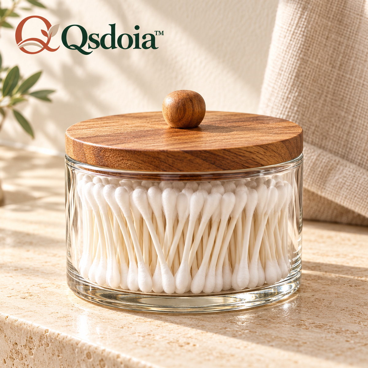 Qsdoia™ Clear Cotton Swab Canister with Wood-Tone Lid — featured product view with Qsdoia logo