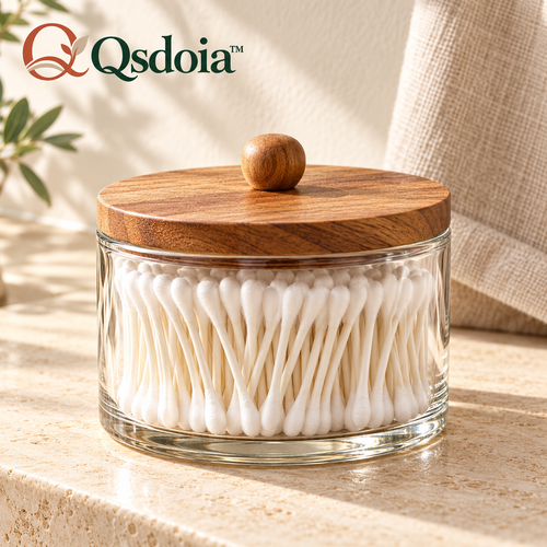 Qsdoia™ Clear Cotton Swab Canister with Wood-Tone Lid — featured product view with Qsdoia logo