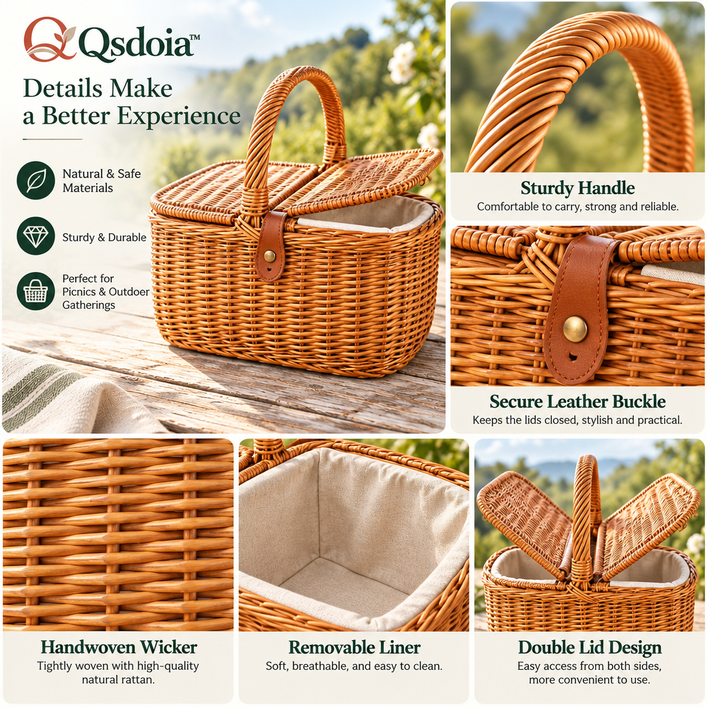 Qsdoia™ Woven Picnic Basket with Light Lining — product detail overview