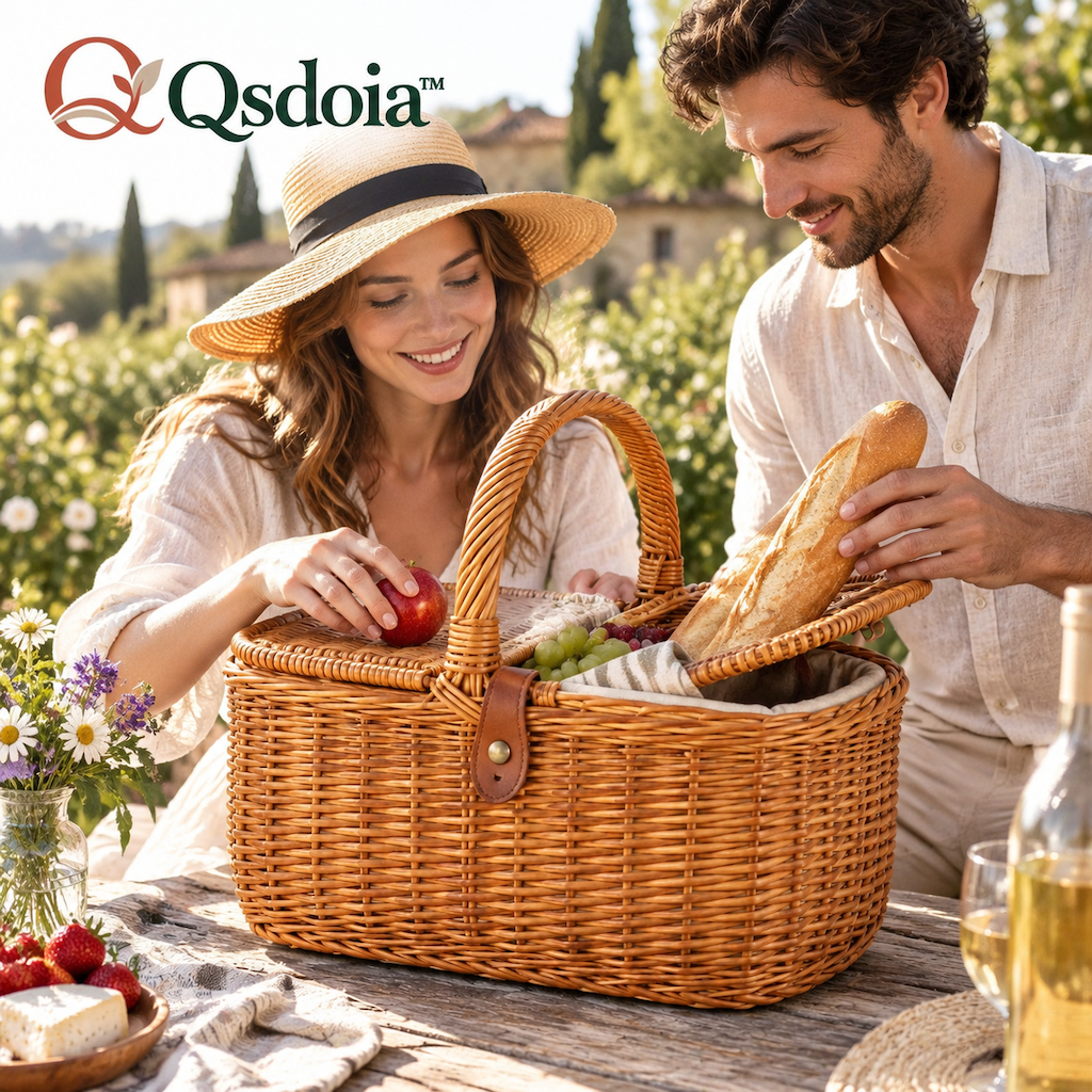 Qsdoia™ Woven Picnic Basket with Light Lining — styled setting; accessories not included