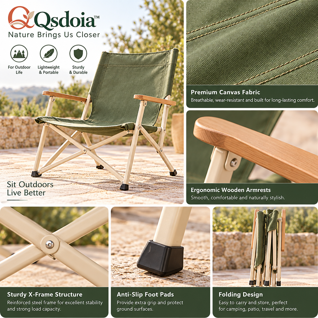 Qsdoia™ Sage Folding Camp Chair with Wood-Tone Armrests — product detail overview