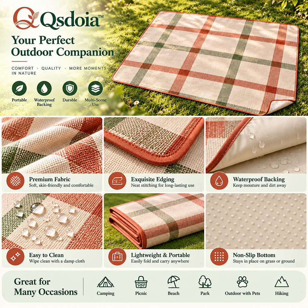Qsdoia™ Terracotta and Sage Check Picnic Blanket — product detail overview