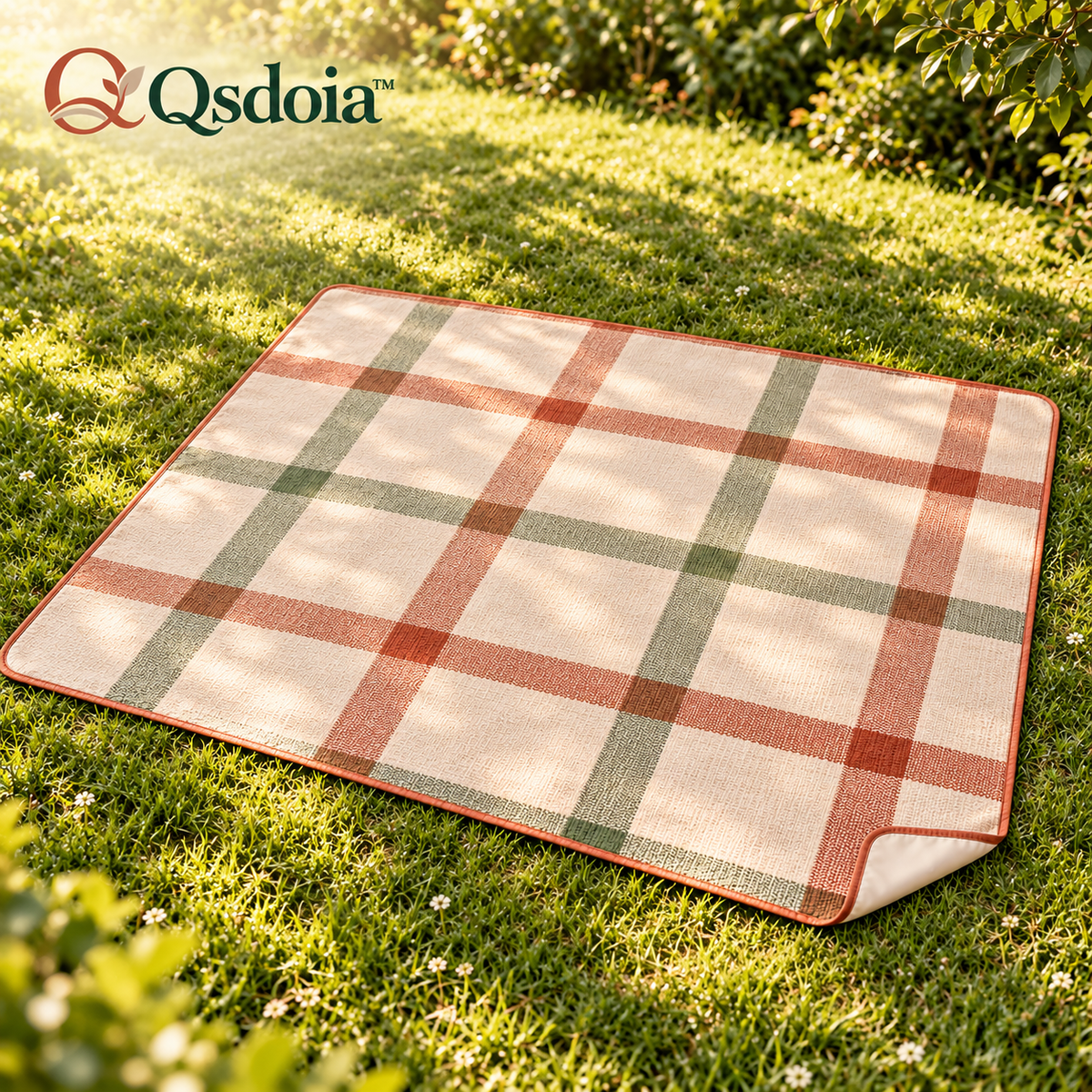 Qsdoia™ Terracotta and Sage Check Picnic Blanket — featured product view with Qsdoia logo