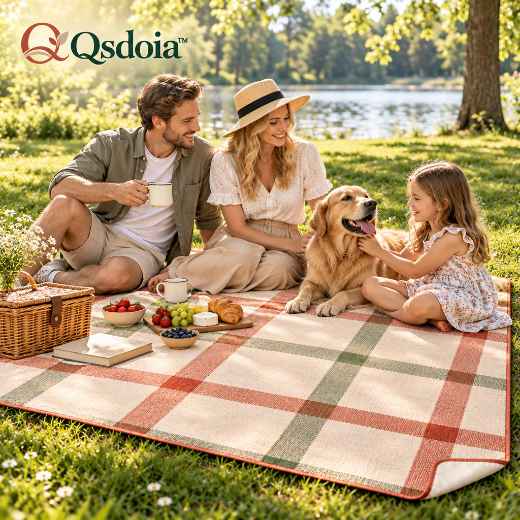 Qsdoia™ Terracotta and Sage Check Picnic Blanket — styled setting; accessories not included