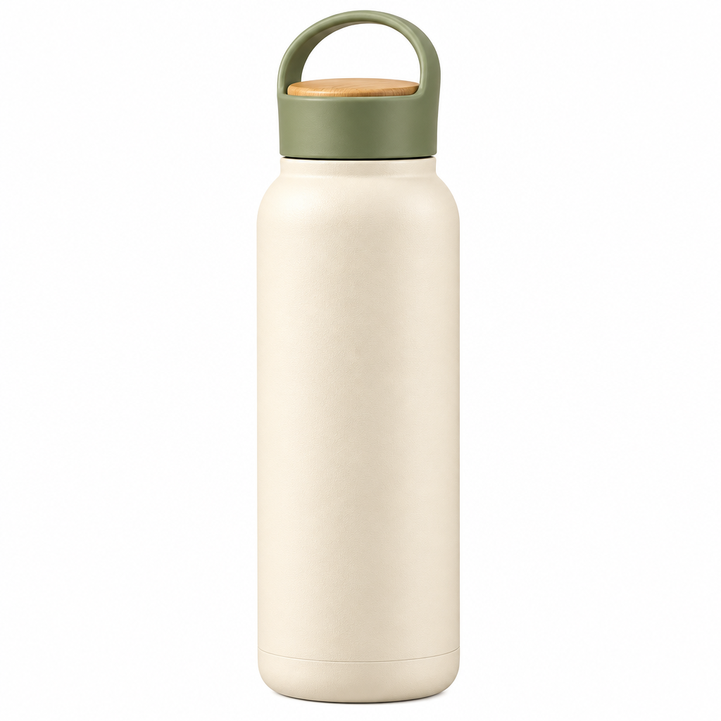 Qsdoia™ Cream Water Bottle with Sage Carry-Loop Lid — isolated product view