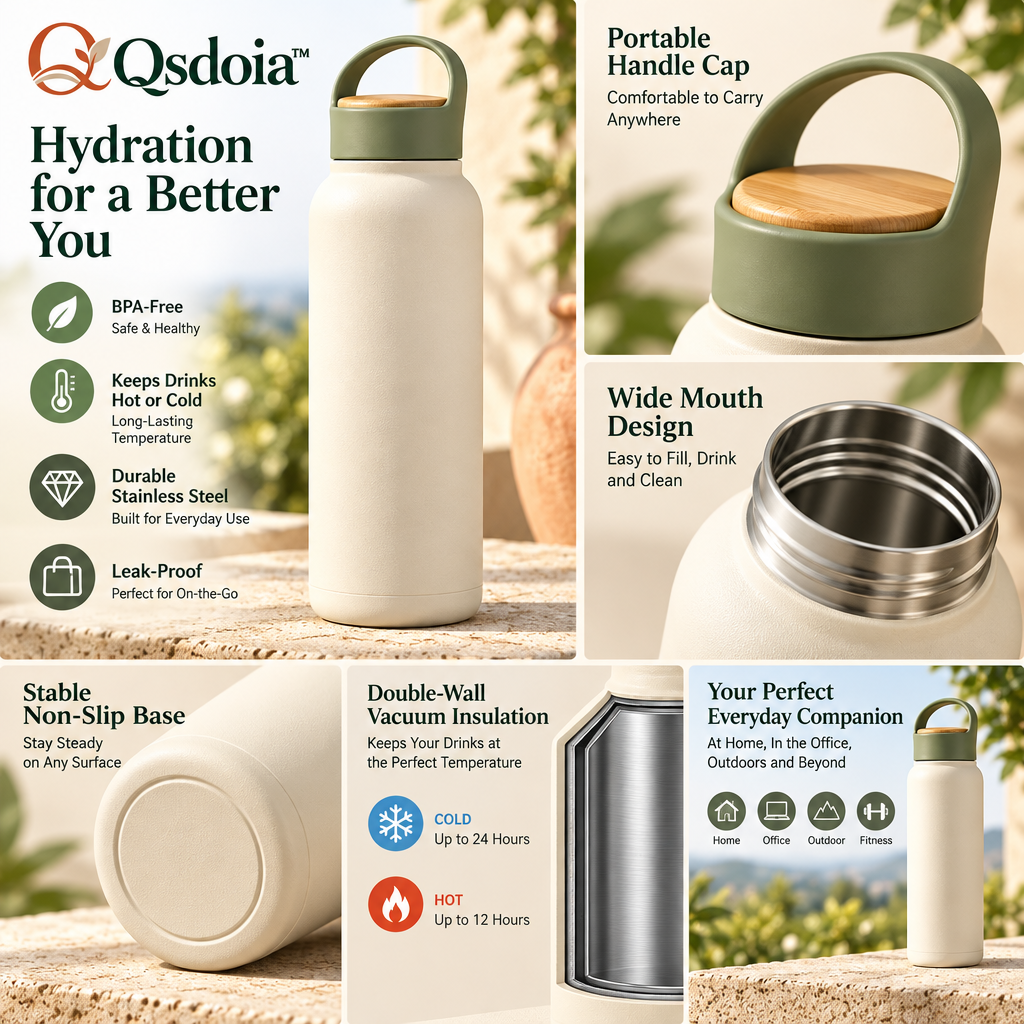 Qsdoia™ Cream Water Bottle with Sage Carry-Loop Lid — product detail overview
