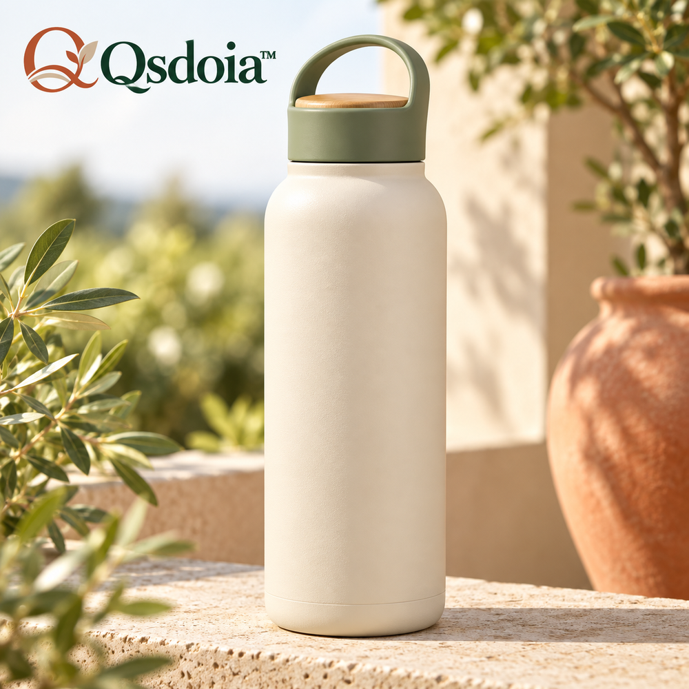 Qsdoia™ Cream Water Bottle with Sage Carry-Loop Lid