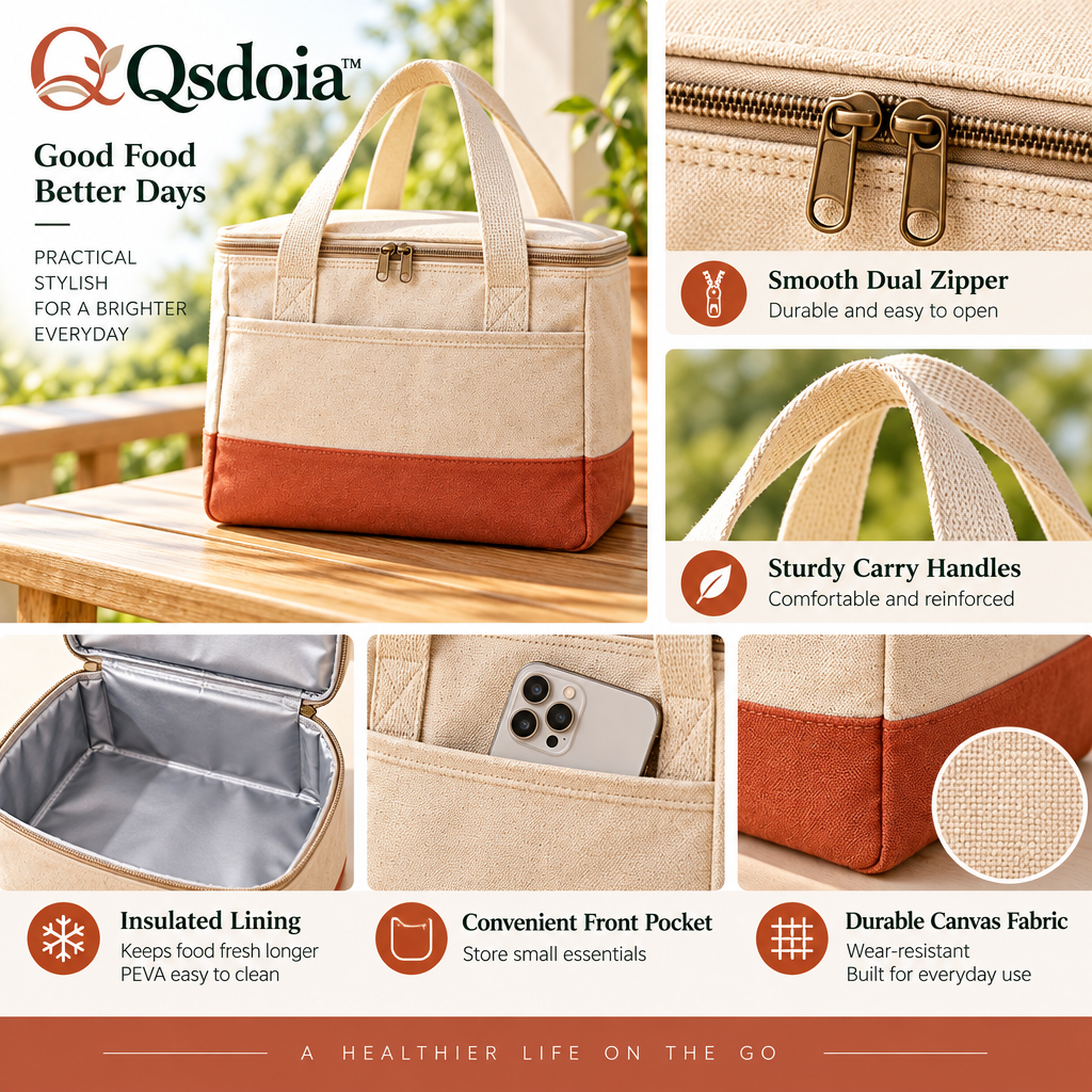 Qsdoia™ Oatmeal and Terracotta Picnic Tote with Front Pocket — product detail overview
