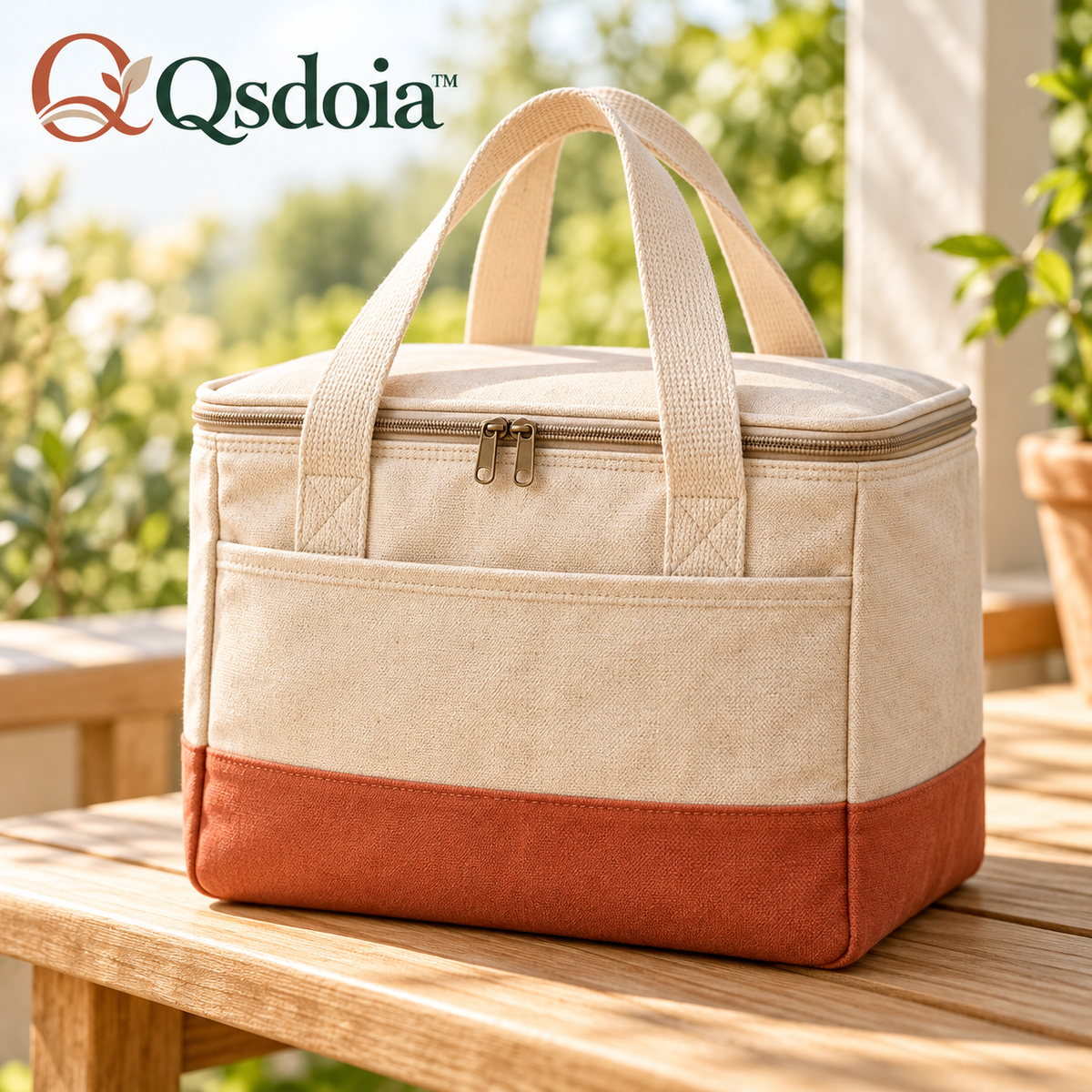 Qsdoia™ Oatmeal and Terracotta Picnic Tote with Front Pocket — featured product view with Qsdoia logo